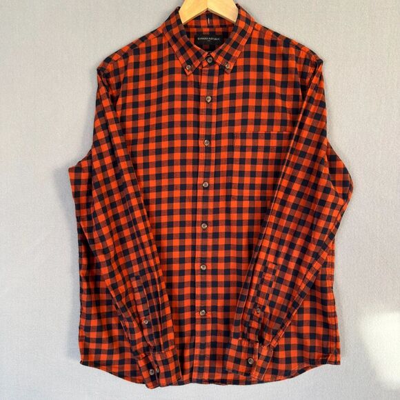 Banana Republic Untucked Fit Orange Blue Plaid Flannel Shirt Men’s Size S Cotton - Picture 3 of 7